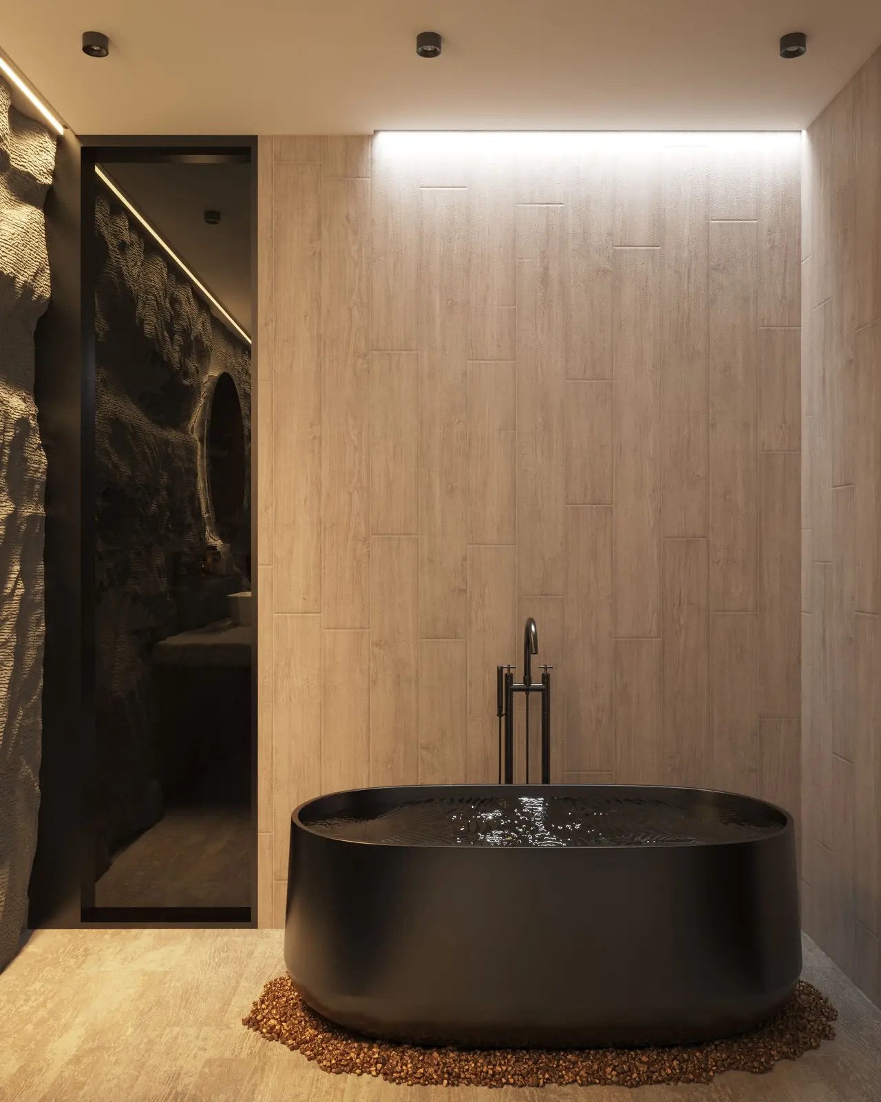Elegant bathroom with black bathtub and minimalist design aesthetics.